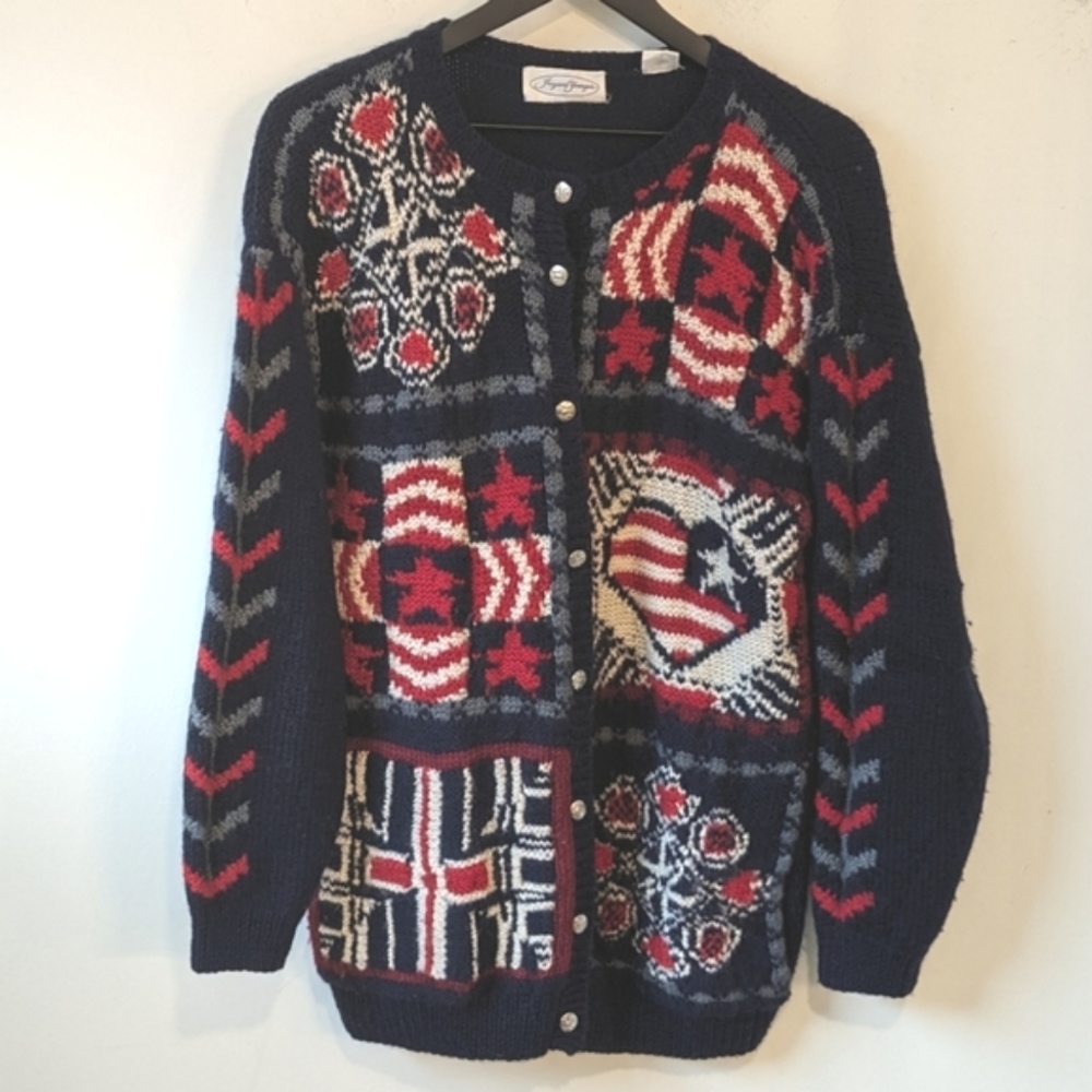 Vintage Jayson Younger 100% Wool Chunky Americana Patriotic Cardigan Sweater